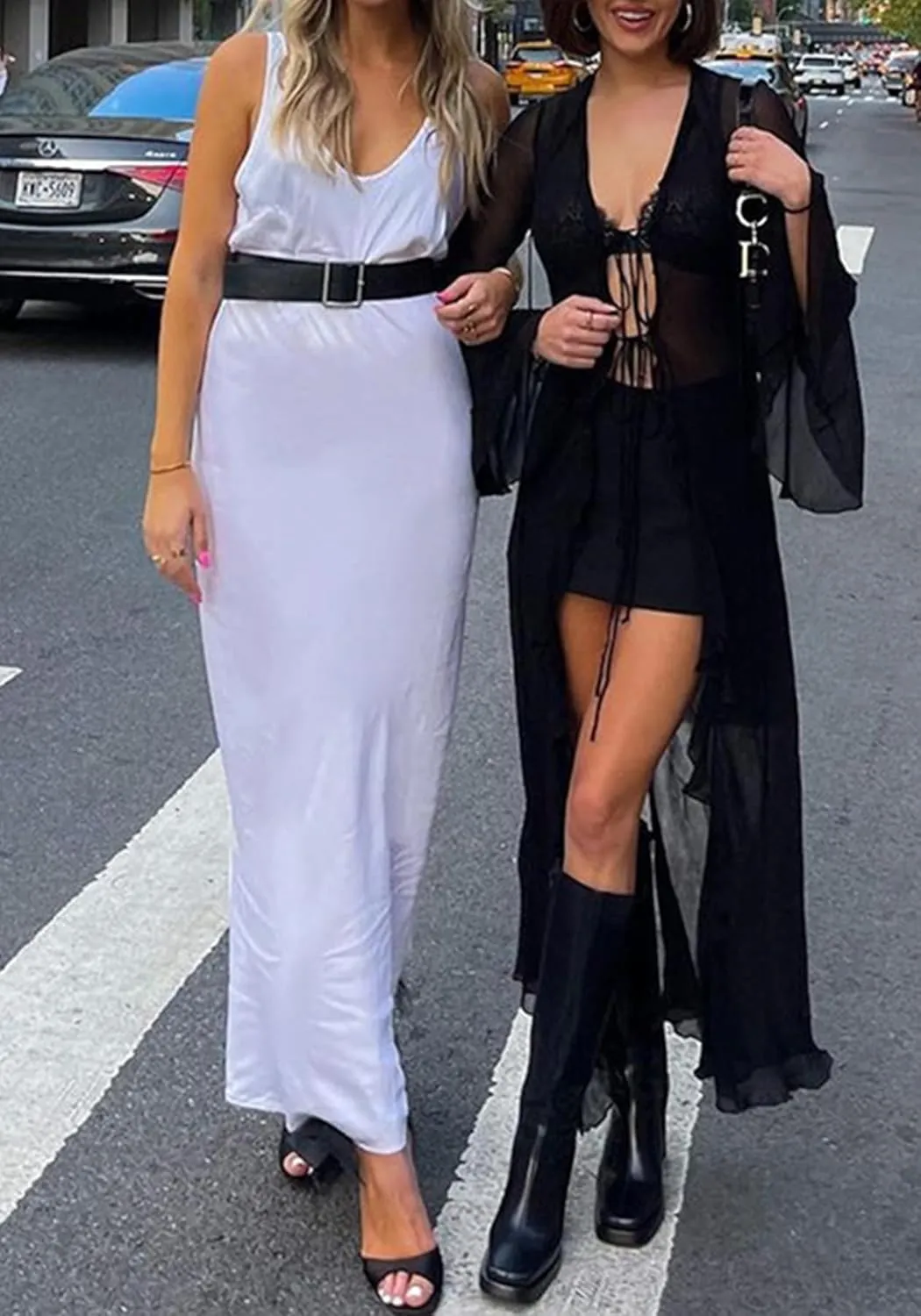 LETSVDO Women Sheer Long Kimono Cardigan Bell Sleeve Mesh Chiffon Ruffle Flowy Duster Robe Beach Swimsuit Cover Up Dress
