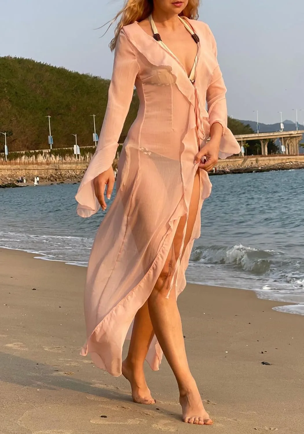 LETSVDO Women Sheer Long Kimono Cardigan Bell Sleeve Mesh Chiffon Ruffle Flowy Duster Robe Beach Swimsuit Cover Up Dress