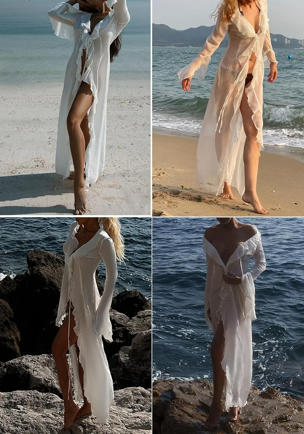LETSVDO Women Sheer Long Kimono Cardigan Bell Sleeve Mesh Chiffon Ruffle Flowy Duster Robe Beach Swimsuit Cover Up Dress