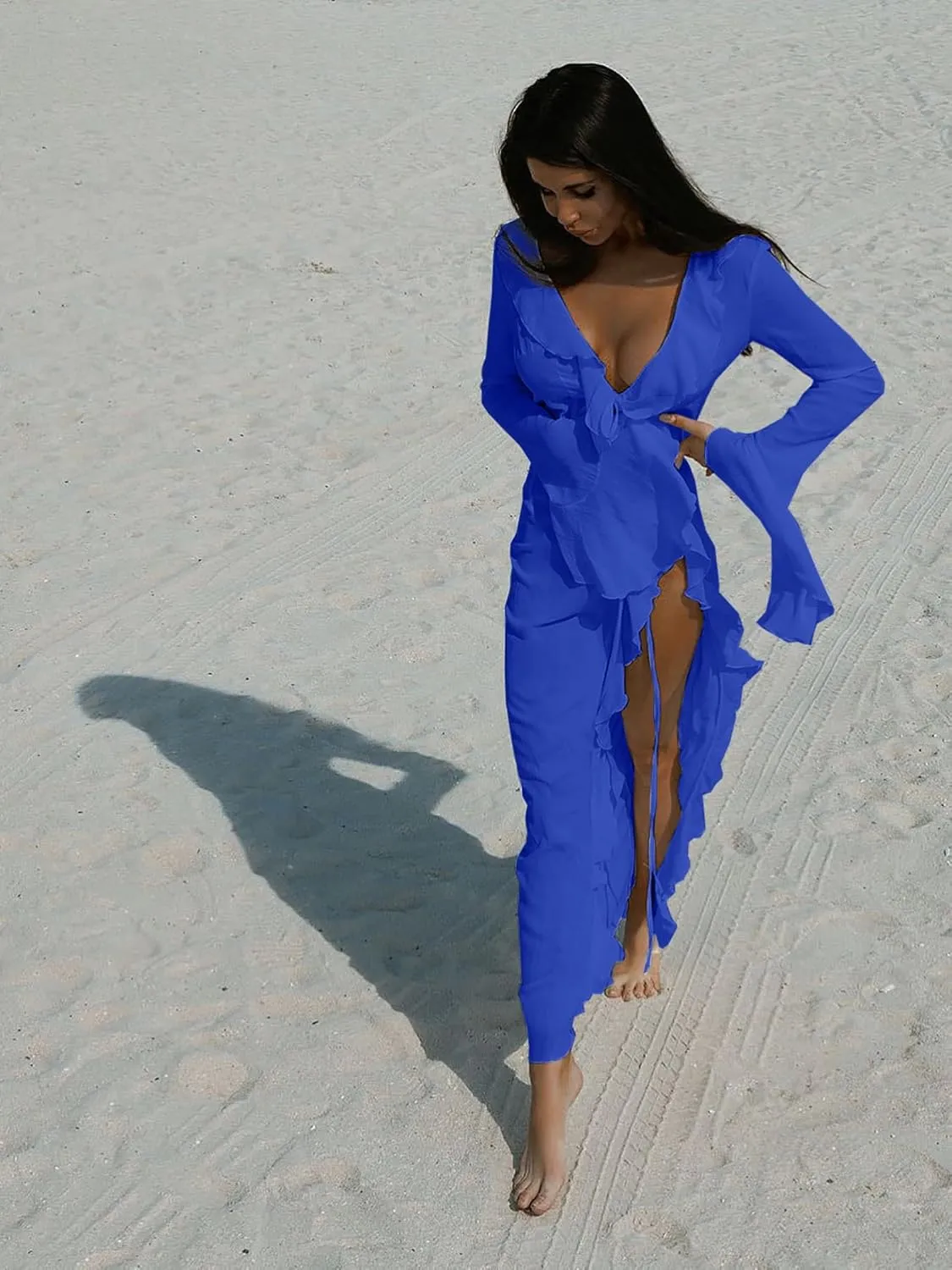 LETSVDO Women Sheer Long Kimono Cardigan Bell Sleeve Mesh Chiffon Ruffle Flowy Duster Robe Beach Swimsuit Cover Up Dress