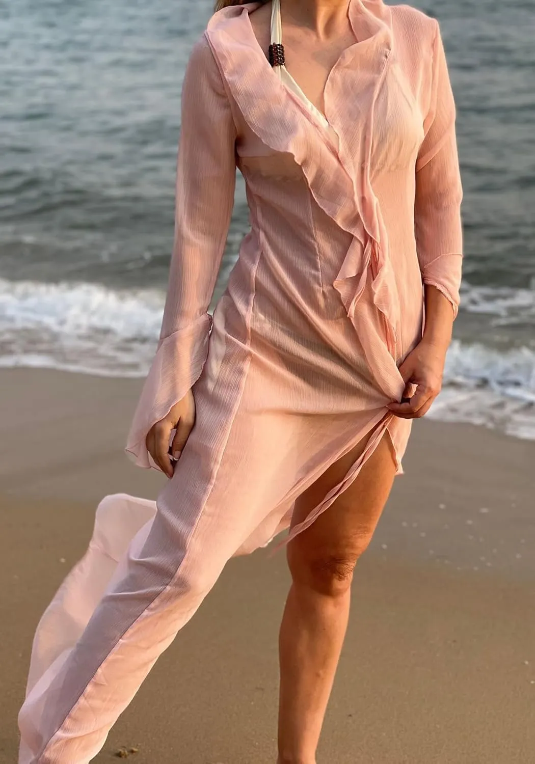 LETSVDO Women Sheer Long Kimono Cardigan Bell Sleeve Mesh Chiffon Ruffle Flowy Duster Robe Beach Swimsuit Cover Up Dress