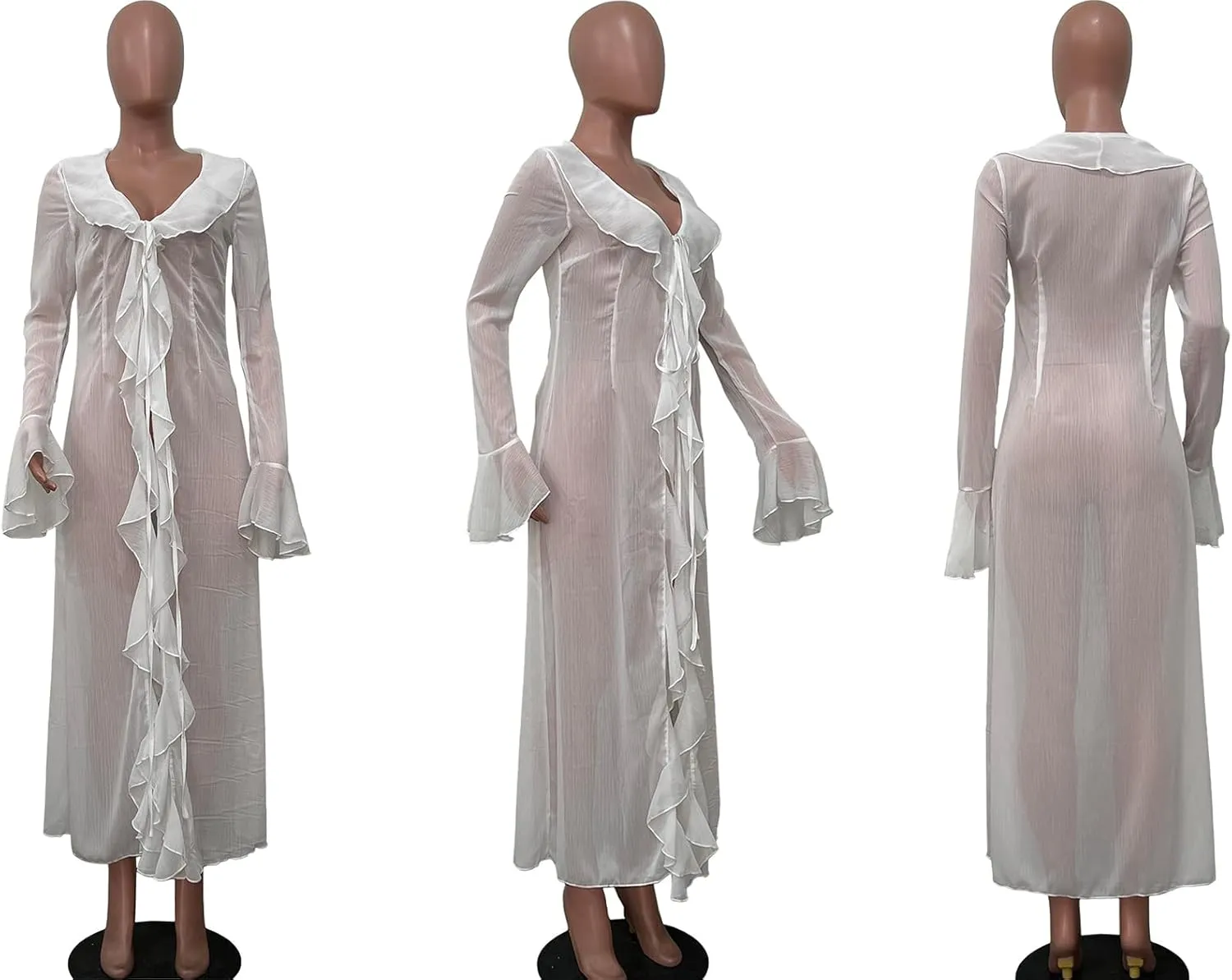 LETSVDO Women Sheer Long Kimono Cardigan Bell Sleeve Mesh Chiffon Ruffle Flowy Duster Robe Beach Swimsuit Cover Up Dress