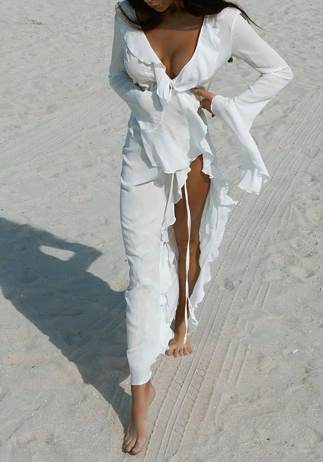 LETSVDO Women Sheer Long Kimono Cardigan Bell Sleeve Mesh Chiffon Ruffle Flowy Duster Robe Beach Swimsuit Cover Up Dress
