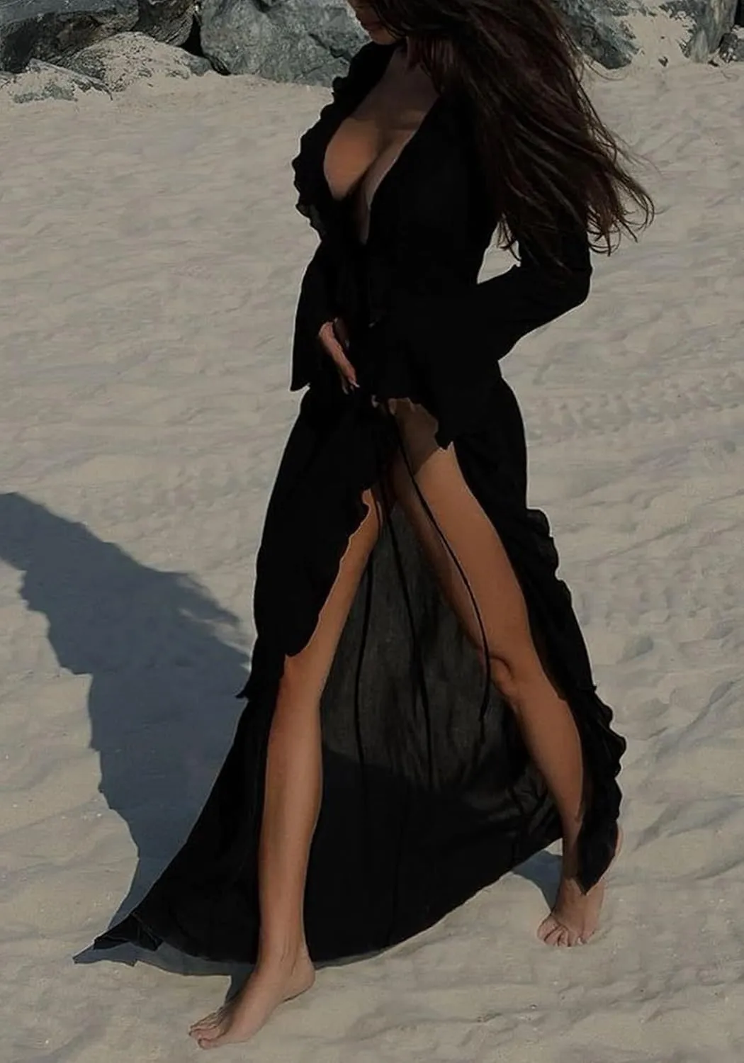 LETSVDO Women Sheer Long Kimono Cardigan Bell Sleeve Mesh Chiffon Ruffle Flowy Duster Robe Beach Swimsuit Cover Up Dress
