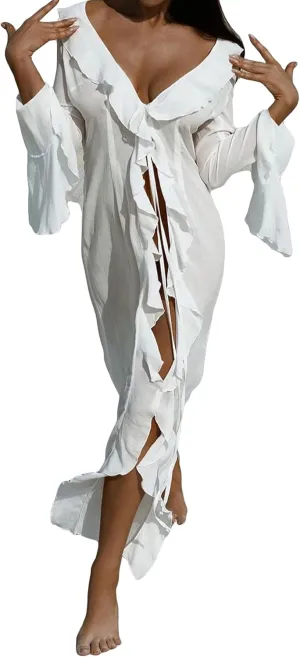 LETSVDO Women Sheer Long Kimono Cardigan Bell Sleeve Mesh Chiffon Ruffle Flowy Duster Robe Beach Swimsuit Cover Up Dress