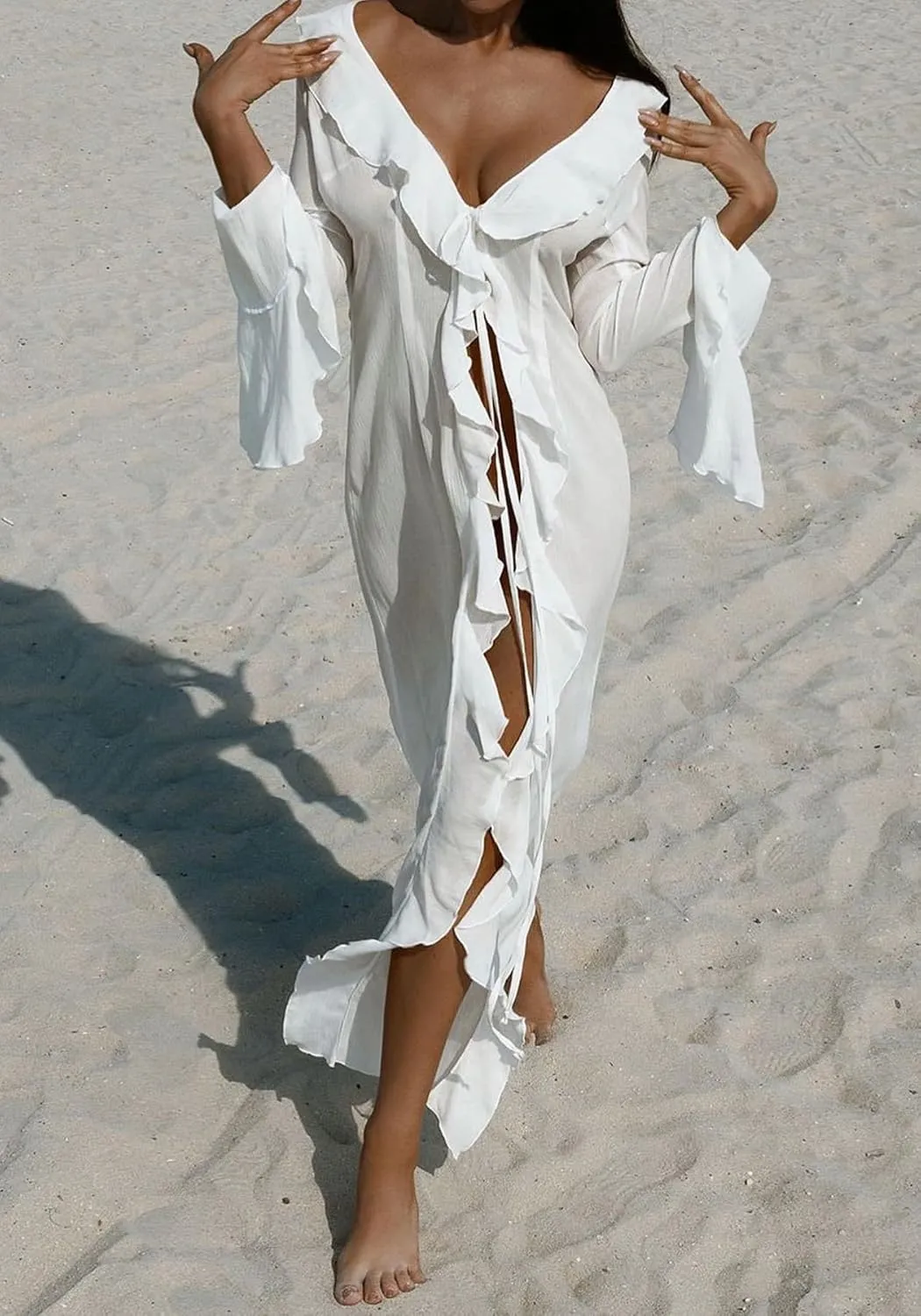 LETSVDO Women Sheer Long Kimono Cardigan Bell Sleeve Mesh Chiffon Ruffle Flowy Duster Robe Beach Swimsuit Cover Up Dress