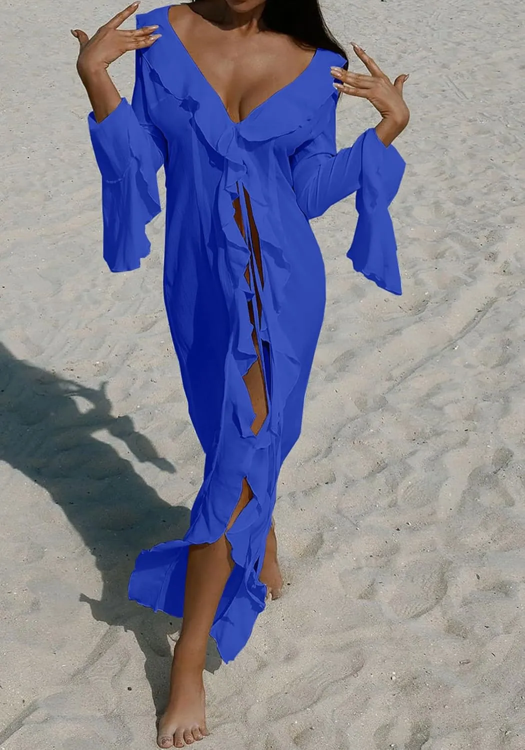 LETSVDO Women Sheer Long Kimono Cardigan Bell Sleeve Mesh Chiffon Ruffle Flowy Duster Robe Beach Swimsuit Cover Up Dress