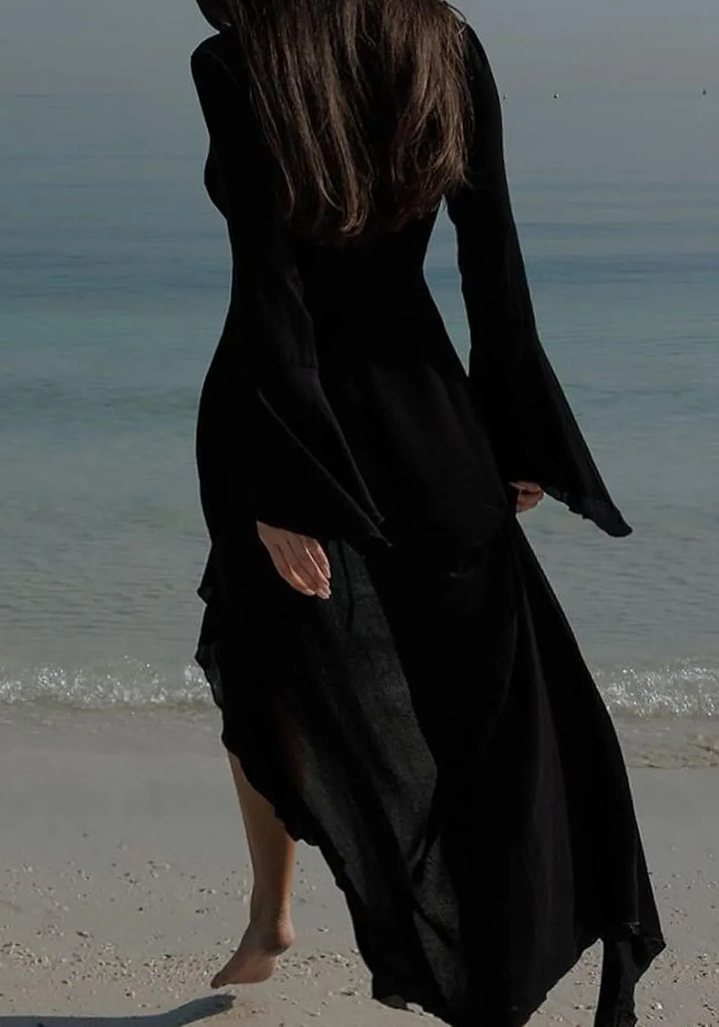 LETSVDO Women Sheer Long Kimono Cardigan Bell Sleeve Mesh Chiffon Ruffle Flowy Duster Robe Beach Swimsuit Cover Up Dress