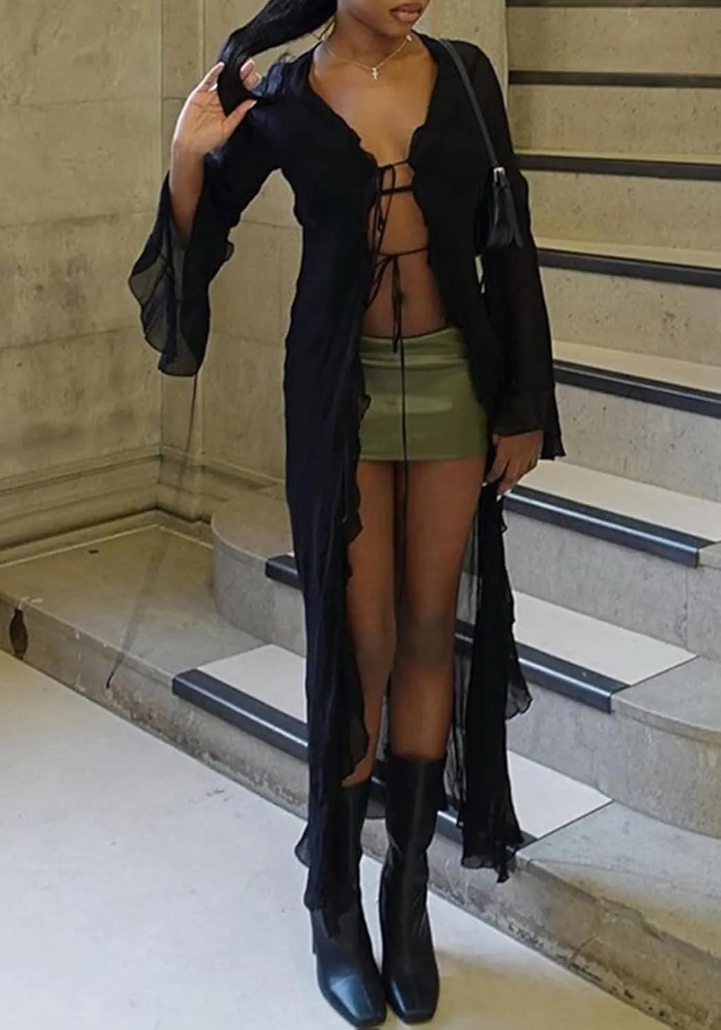 LETSVDO Women Sheer Long Kimono Cardigan Bell Sleeve Mesh Chiffon Ruffle Flowy Duster Robe Beach Swimsuit Cover Up Dress