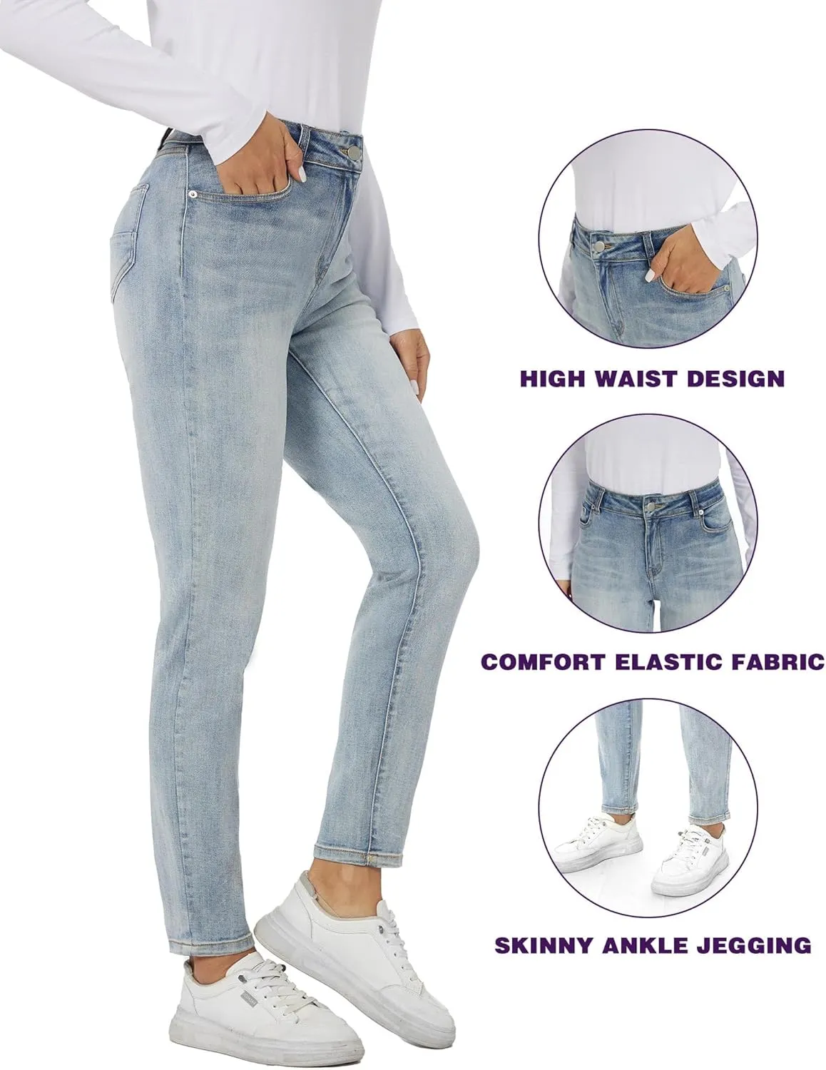 LICTZNEE Jeans for Women High Waist, Skinny Stretchy Jeans Slim Fit Leg Pants with Pockets Tummy Control Butt Lift
