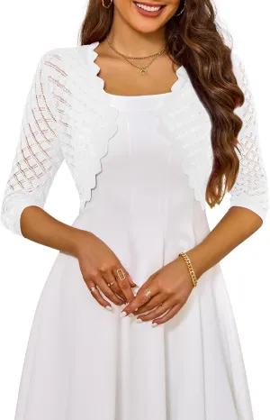 LIENRIDY Women's 2024 Cropped Cardigan 3/4 Sleeve Hollowed-Out Open Front Bolero Shrug for Dresses S-XL