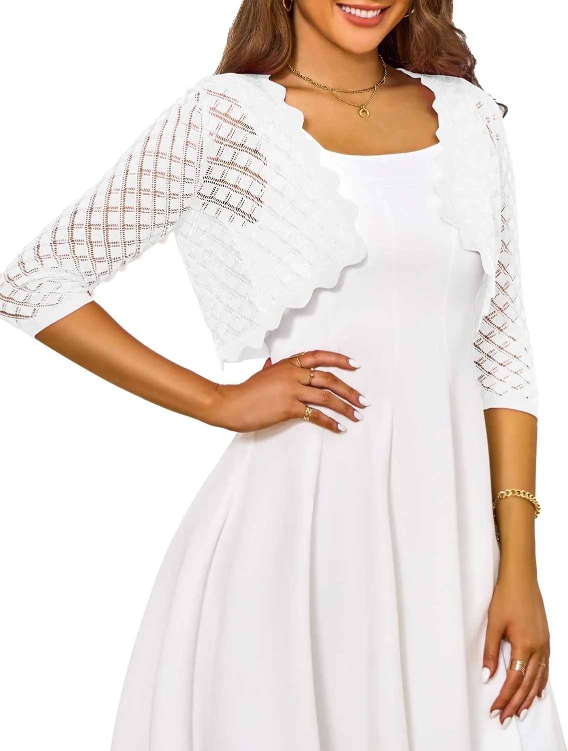 LIENRIDY Women's 2024 Cropped Cardigan 3/4 Sleeve Hollowed-Out Open Front Bolero Shrug for Dresses S-XL