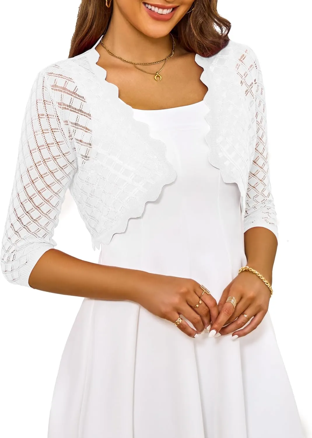 LIENRIDY Women's 2024 Cropped Cardigan 3/4 Sleeve Hollowed-Out Open Front Bolero Shrug for Dresses S-XL
