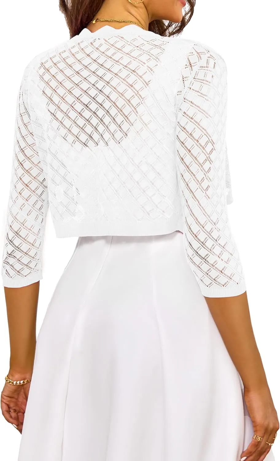 LIENRIDY Women's 2024 Cropped Cardigan 3/4 Sleeve Hollowed-Out Open Front Bolero Shrug for Dresses S-XL