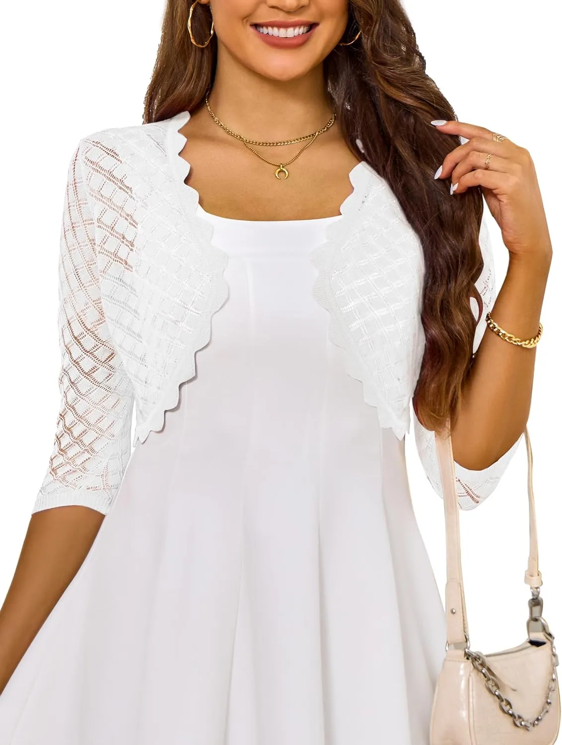 LIENRIDY Women's 2024 Cropped Cardigan 3/4 Sleeve Hollowed-Out Open Front Bolero Shrug for Dresses S-XL