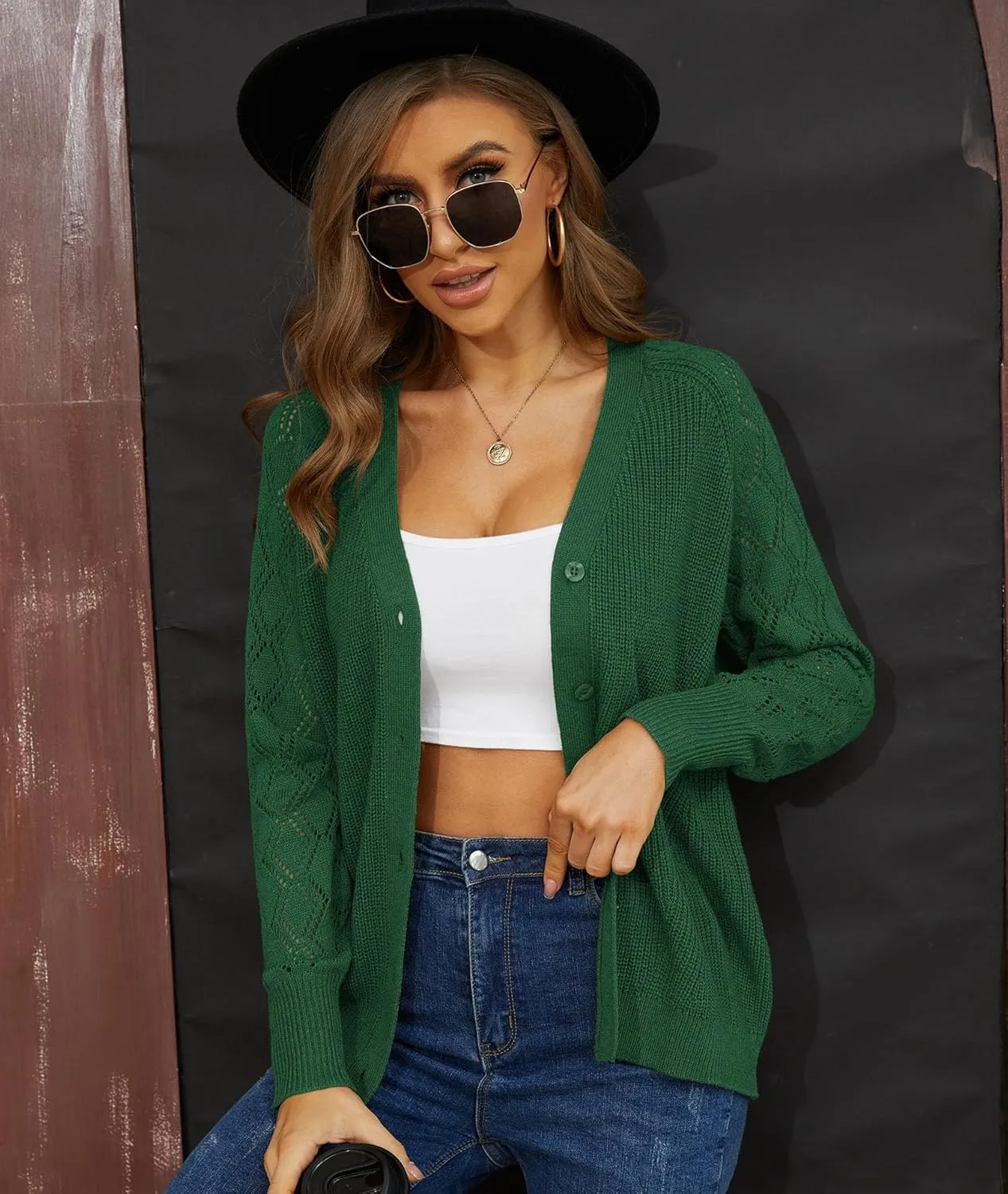 LILBETTER Women's Long Sleeve Button Down V Neck Classic Sweater Knit Cardigan