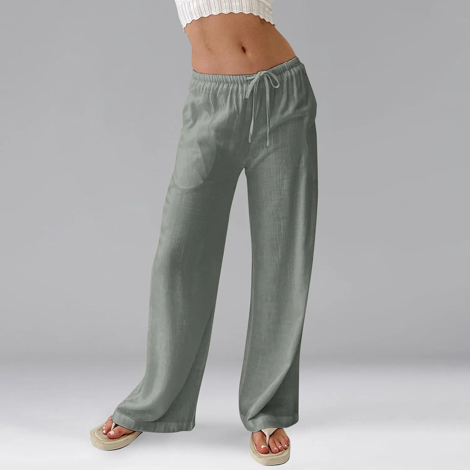 Linen Beach Pants Summer Palazzo Pants Drawstring High Waisted Trouser Pant Loose Wide Leg Trousers with Pockets