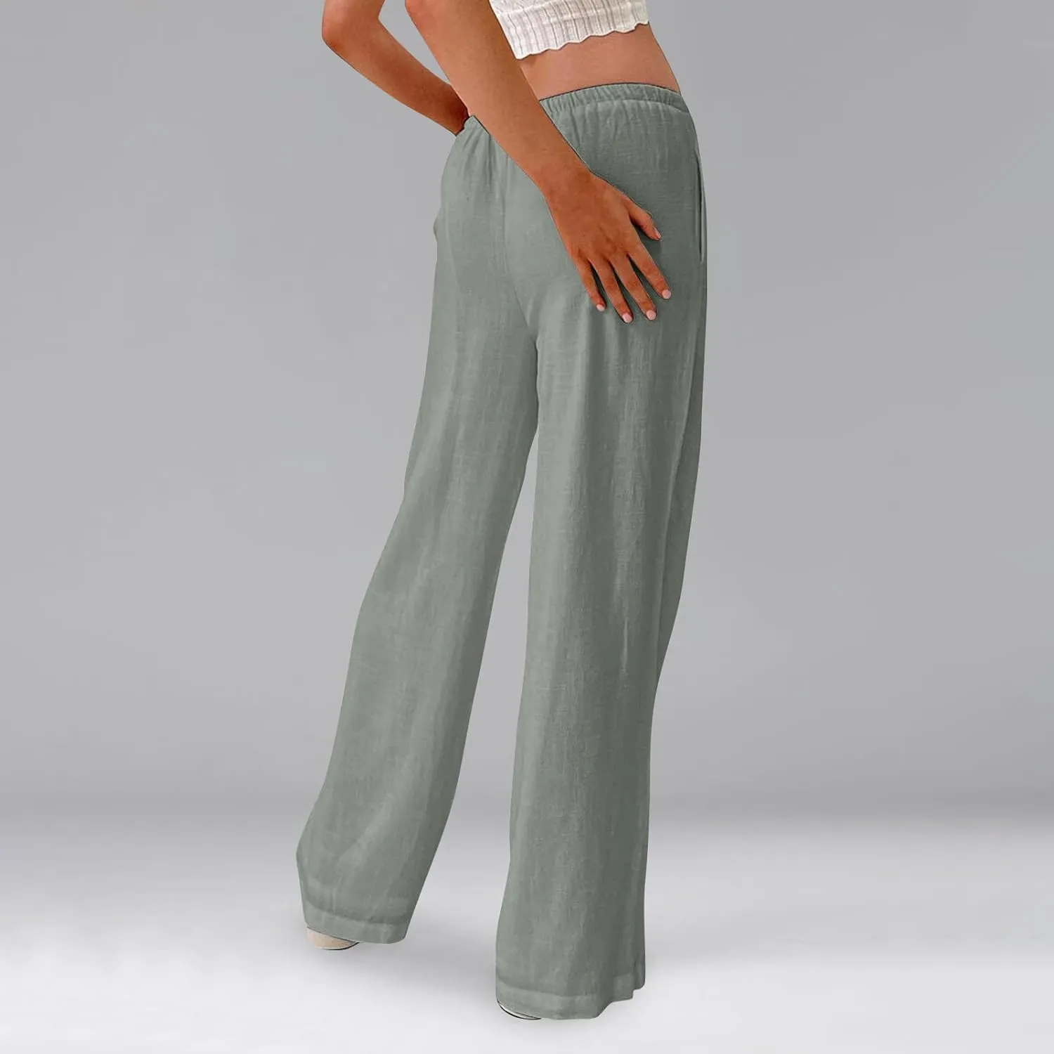 Linen Beach Pants Summer Palazzo Pants Drawstring High Waisted Trouser Pant Loose Wide Leg Trousers with Pockets