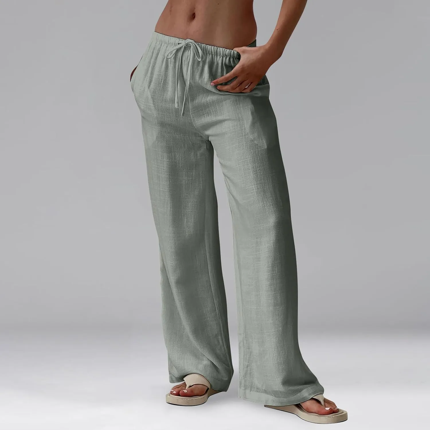 Linen Beach Pants Summer Palazzo Pants Drawstring High Waisted Trouser Pant Loose Wide Leg Trousers with Pockets