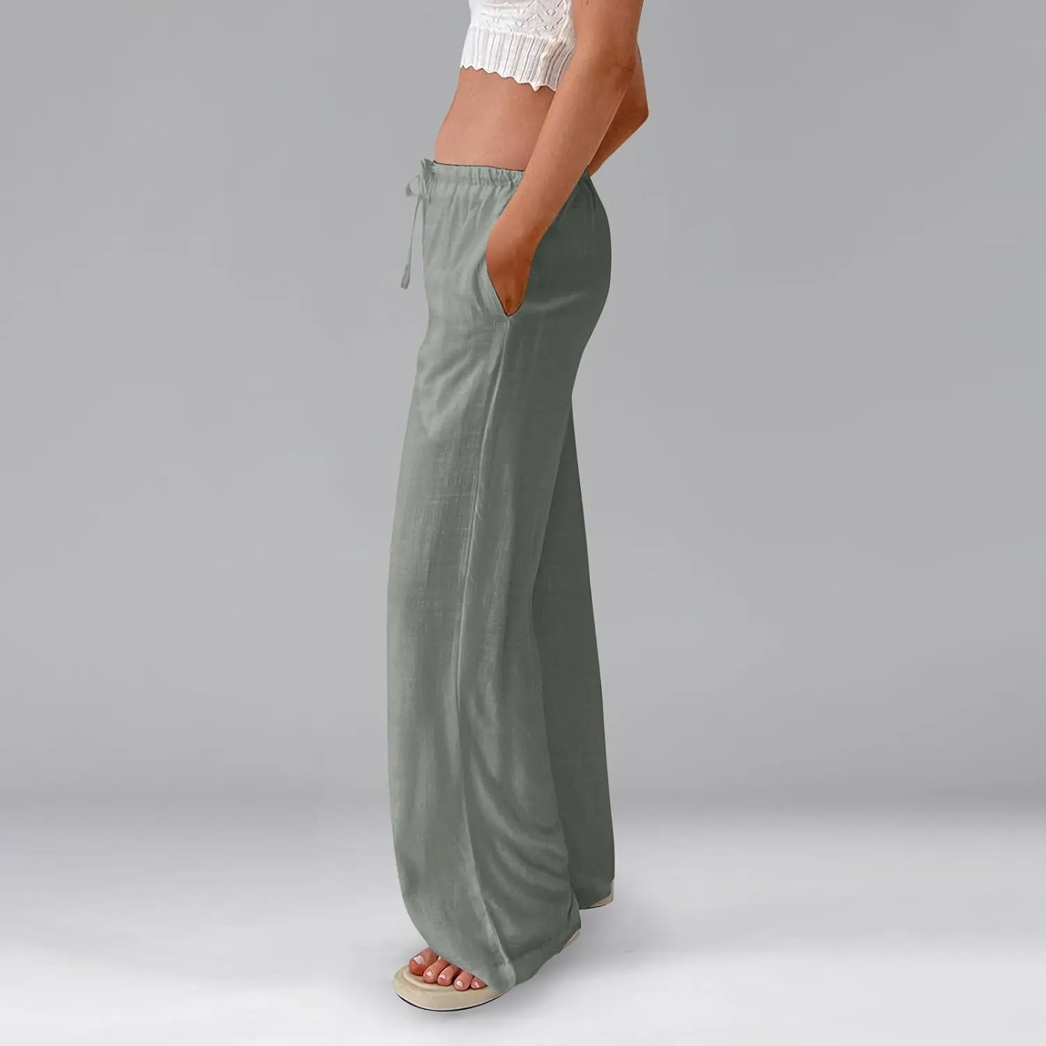 Linen Beach Pants Summer Palazzo Pants Drawstring High Waisted Trouser Pant Loose Wide Leg Trousers with Pockets