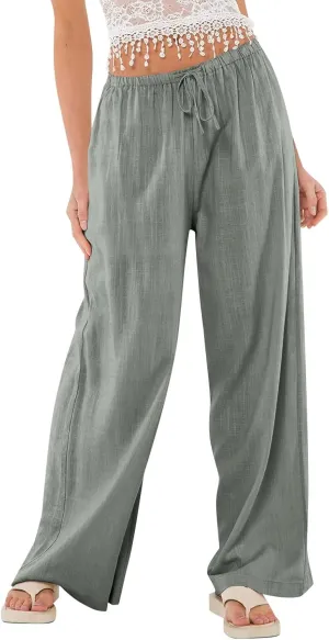 Linen Beach Pants Summer Palazzo Pants Drawstring High Waisted Trouser Pant Loose Wide Leg Trousers with Pockets