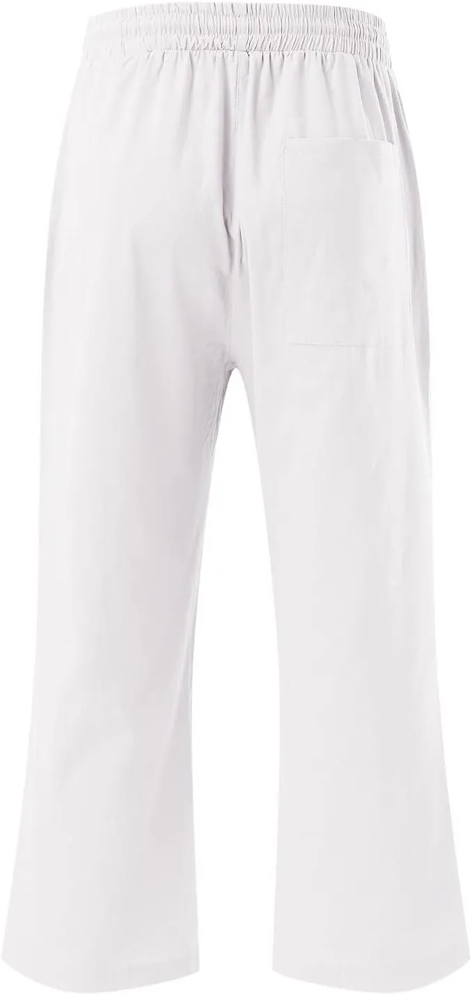 Linen Capris Pants For Women Casual 2024 Summer Drawstring Elastic High Waisted Straight Wide Leg Cropped Trousers