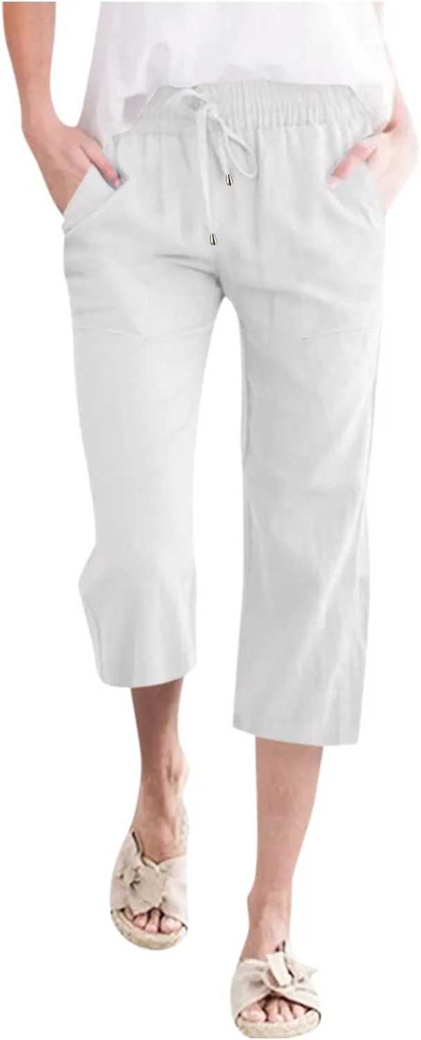 Linen Capris Pants For Women Casual 2024 Summer Drawstring Elastic High Waisted Straight Wide Leg Cropped Trousers