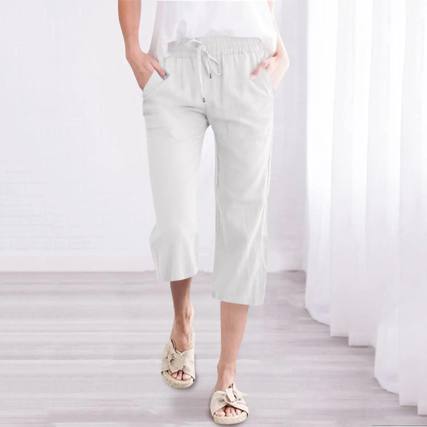 Linen Capris Pants For Women Casual 2024 Summer Drawstring Elastic High Waisted Straight Wide Leg Cropped Trousers