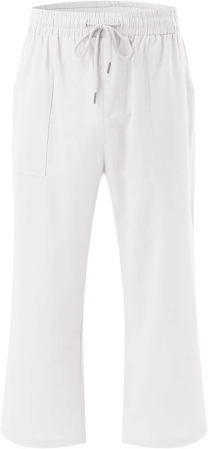 Linen Capris Pants For Women Casual 2024 Summer Drawstring Elastic High Waisted Straight Wide Leg Cropped Trousers