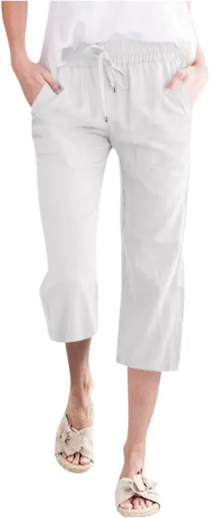 Linen Capris Pants For Women Casual 2024 Summer Drawstring Elastic High Waisted Straight Wide Leg Cropped Trousers
