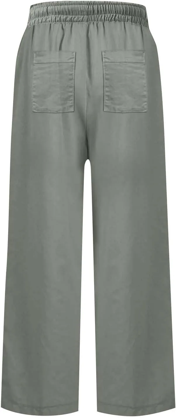 Linen Pants for Women Trendy Summer Elastic High Waisted Palazzo Pants Dressy Casual with Pockets Solid Clothes Baggy