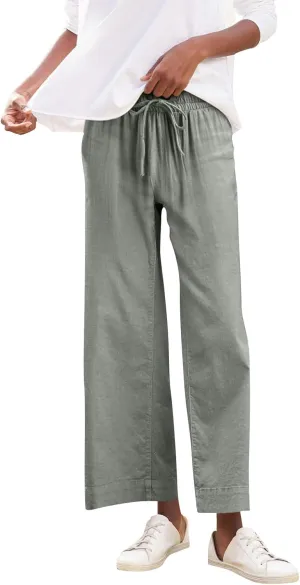 Linen Pants for Women Trendy Summer Elastic High Waisted Palazzo Pants Dressy Casual with Pockets Solid Clothes Baggy