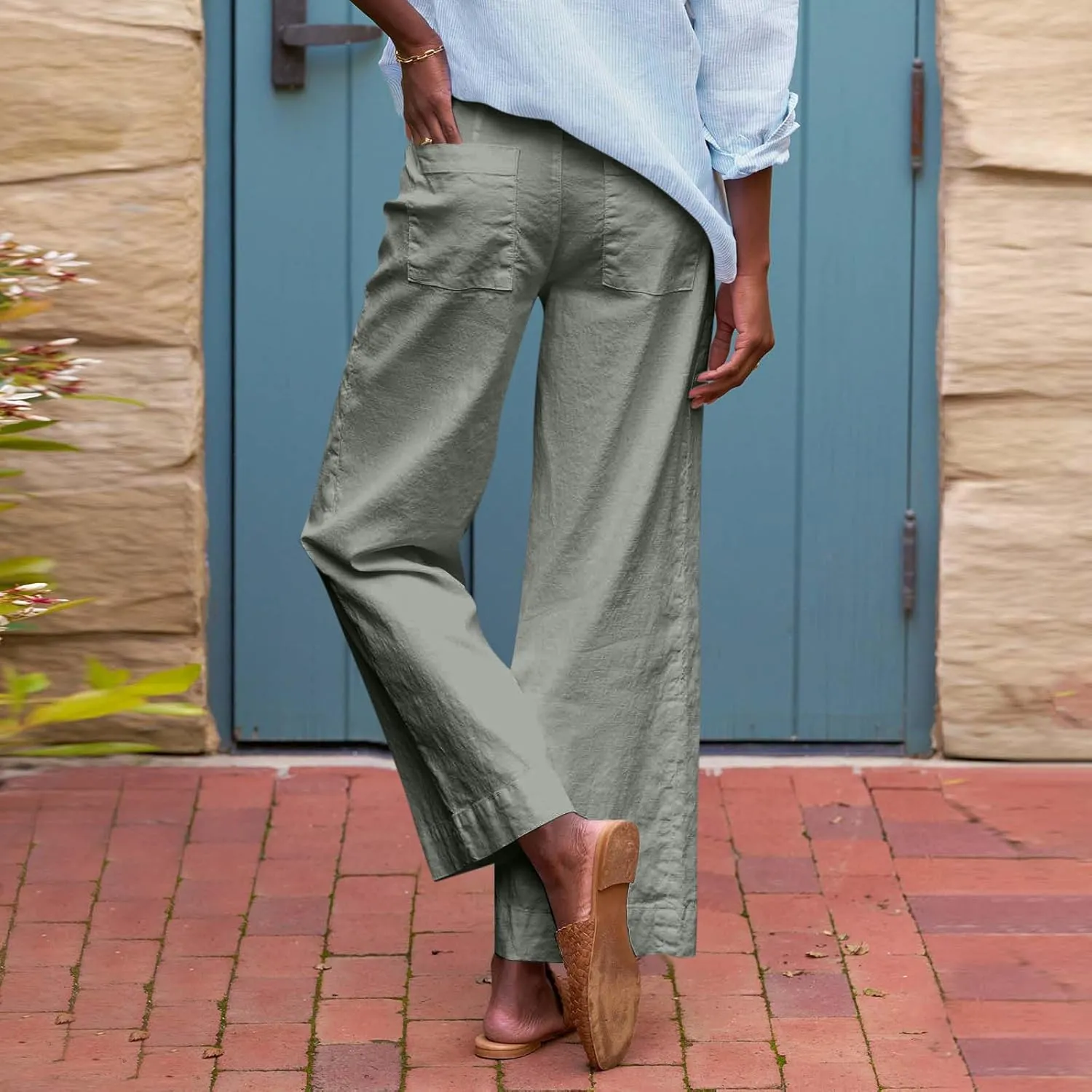 Linen Pants for Women Trendy Summer Elastic High Waisted Palazzo Pants Dressy Casual with Pockets Solid Clothes Baggy