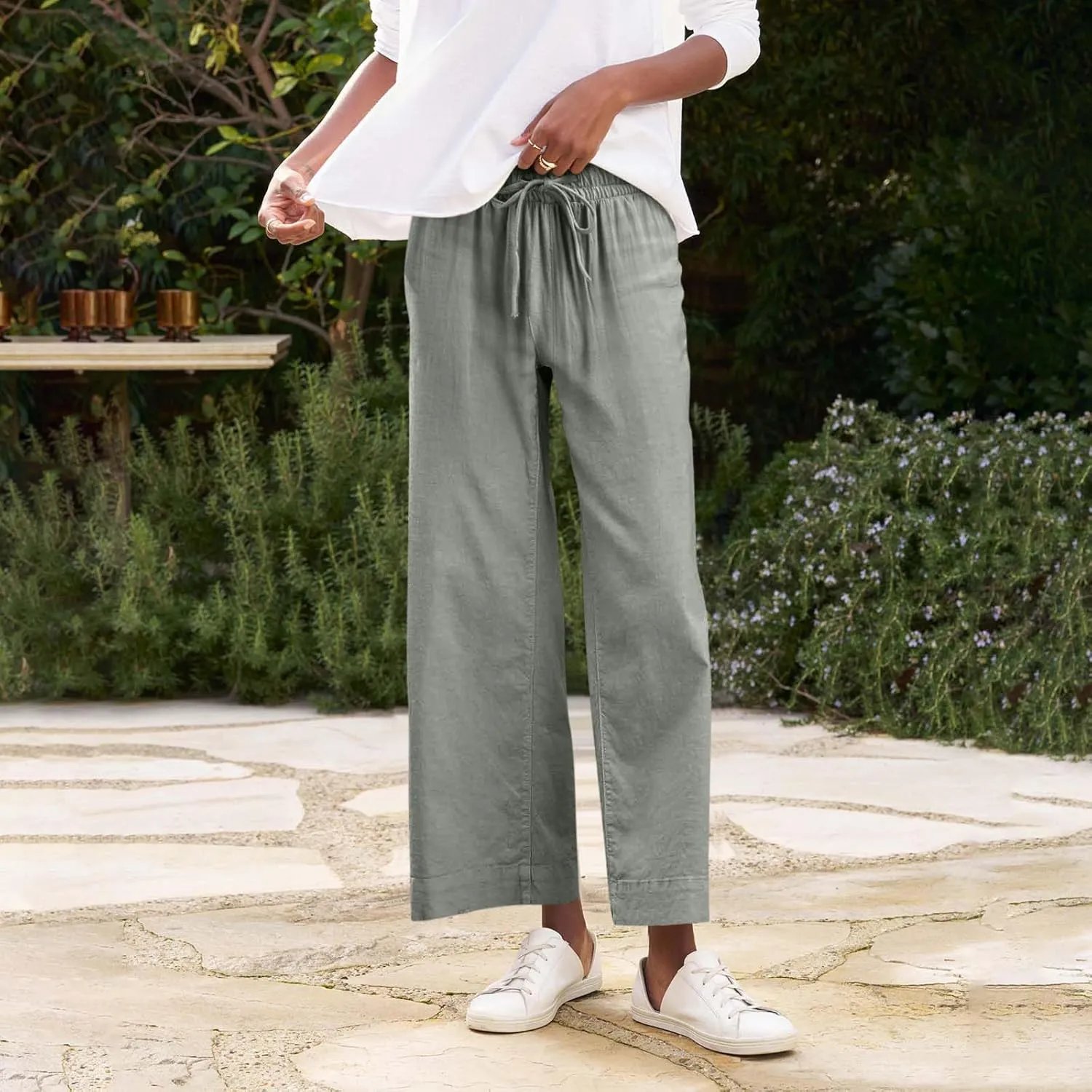 Linen Pants for Women Trendy Summer Elastic High Waisted Palazzo Pants Dressy Casual with Pockets Solid Clothes Baggy