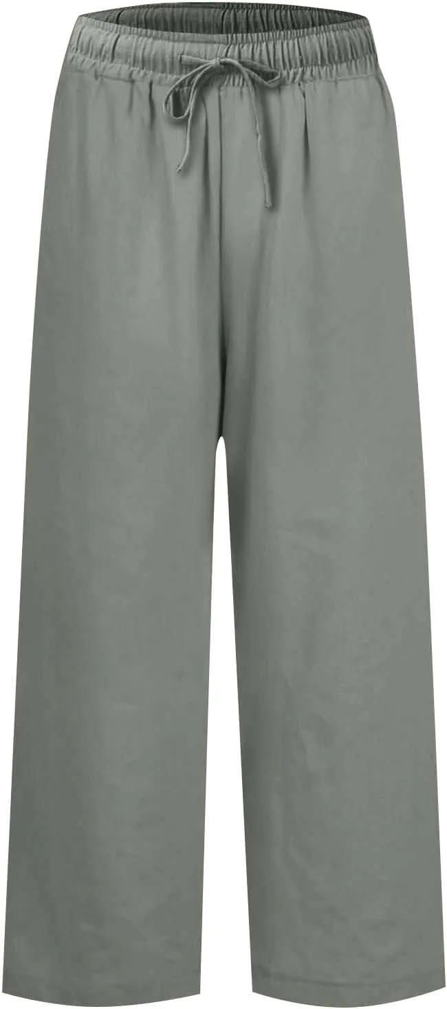 Linen Pants for Women Trendy Summer Elastic High Waisted Palazzo Pants Dressy Casual with Pockets Solid Clothes Baggy