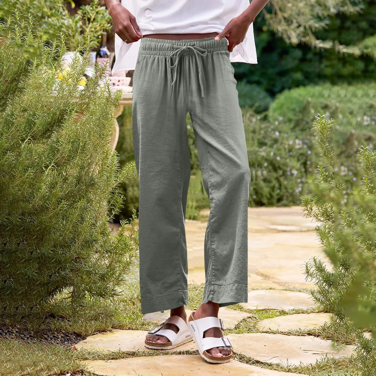 Linen Pants for Women Trendy Summer Elastic High Waisted Palazzo Pants Dressy Casual with Pockets Solid Clothes Baggy