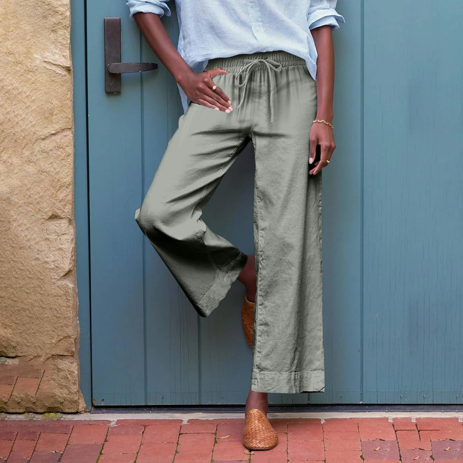 Linen Pants for Women Trendy Summer Elastic High Waisted Palazzo Pants Dressy Casual with Pockets Solid Clothes Baggy