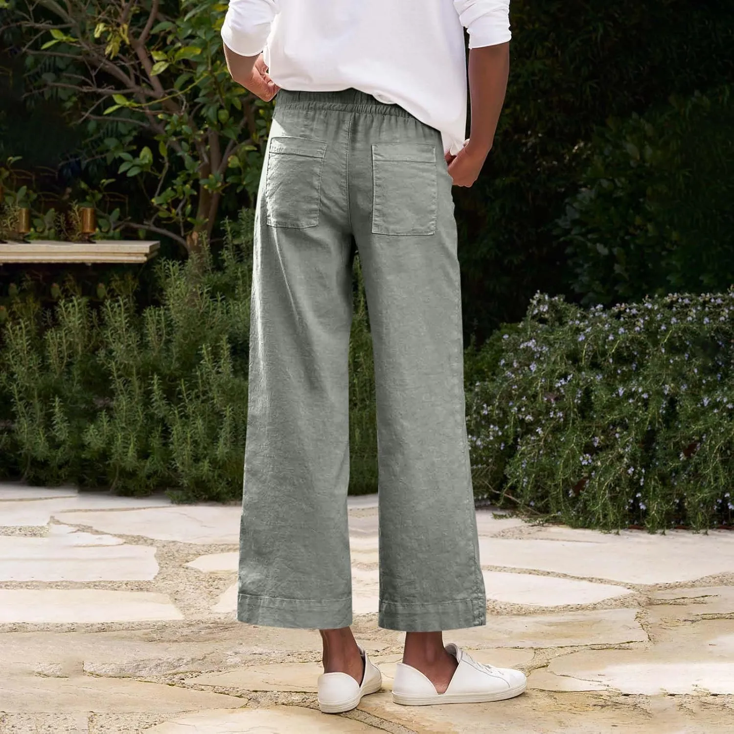 Linen Pants for Women Trendy Summer Elastic High Waisted Palazzo Pants Dressy Casual with Pockets Solid Clothes Baggy