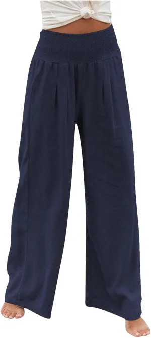 Linen Pants for Women Wide Leg High Waisted Palazzo 2024 Summer Beach Boho Smocked Trousers Lounge with Pockets