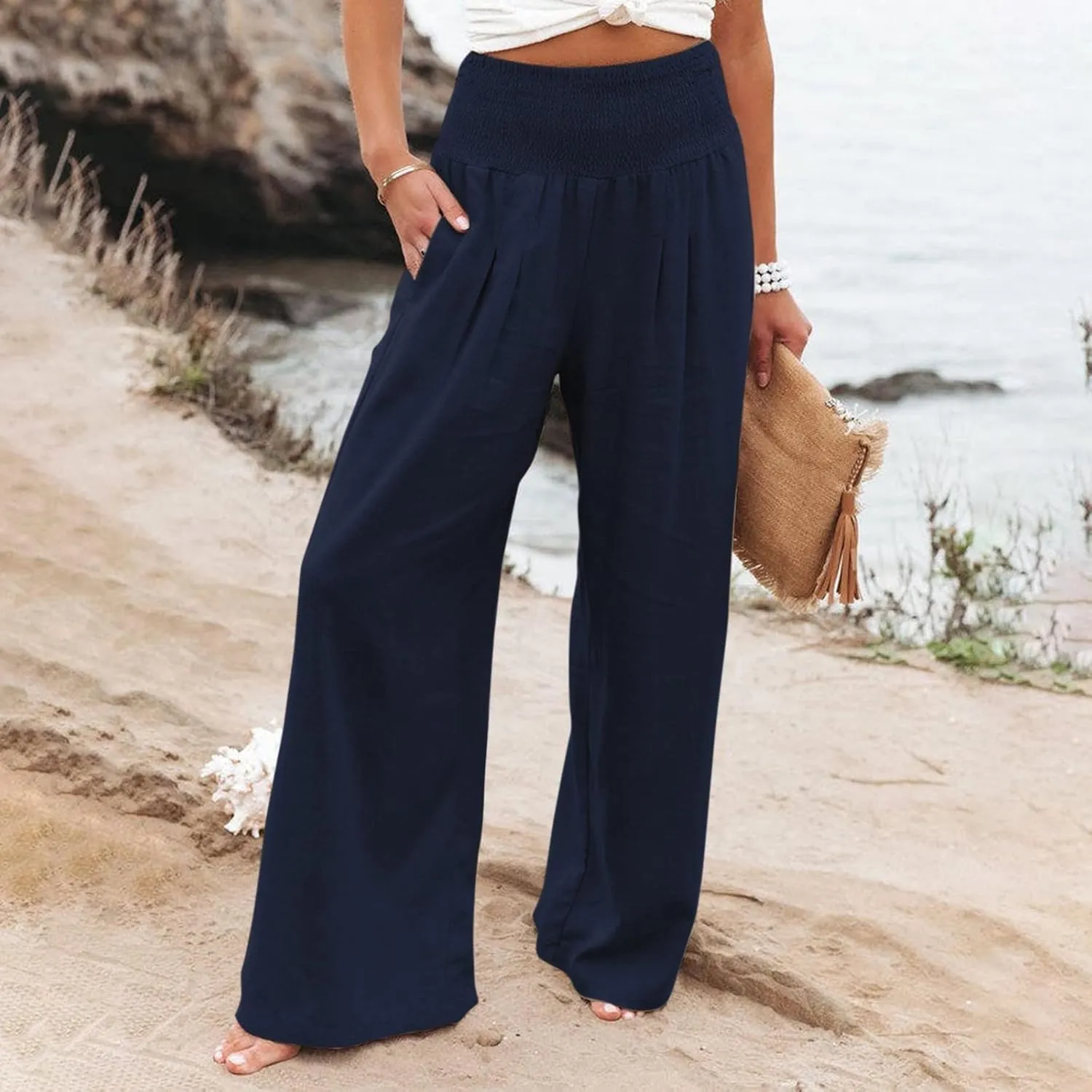 Linen Pants for Women Wide Leg High Waisted Palazzo 2024 Summer Beach Boho Smocked Trousers Lounge with Pockets