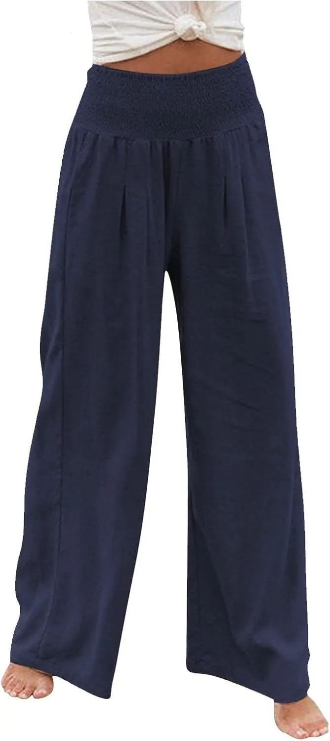 Linen Pants for Women Wide Leg High Waisted Palazzo 2024 Summer Beach Boho Smocked Trousers Lounge with Pockets