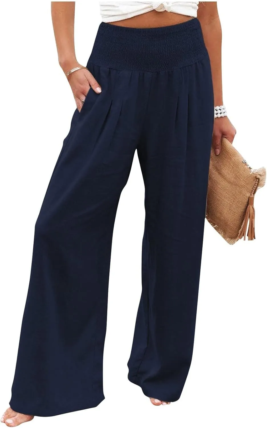 Linen Pants for Women Wide Leg High Waisted Palazzo 2024 Summer Beach Boho Smocked Trousers Lounge with Pockets