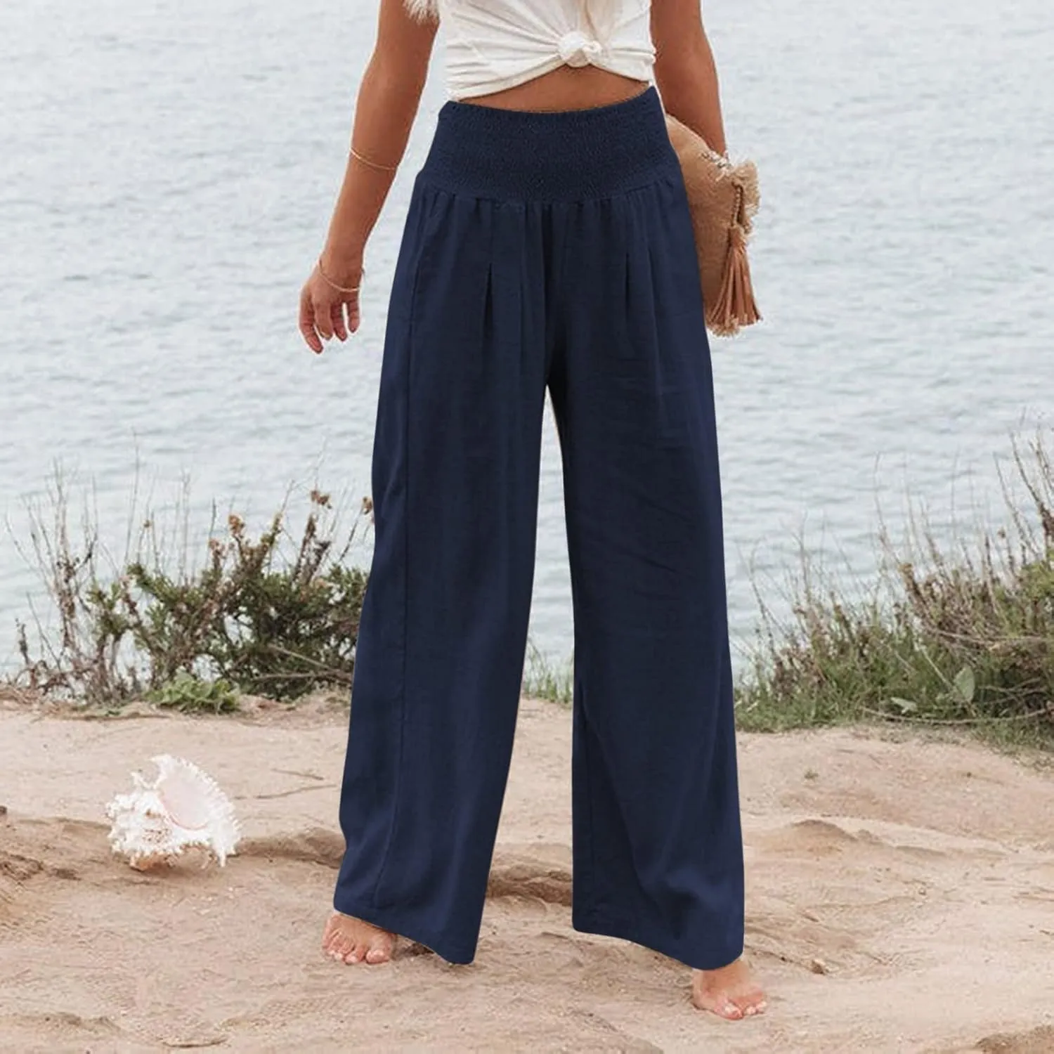 Linen Pants for Women Wide Leg High Waisted Palazzo 2024 Summer Beach Boho Smocked Trousers Lounge with Pockets