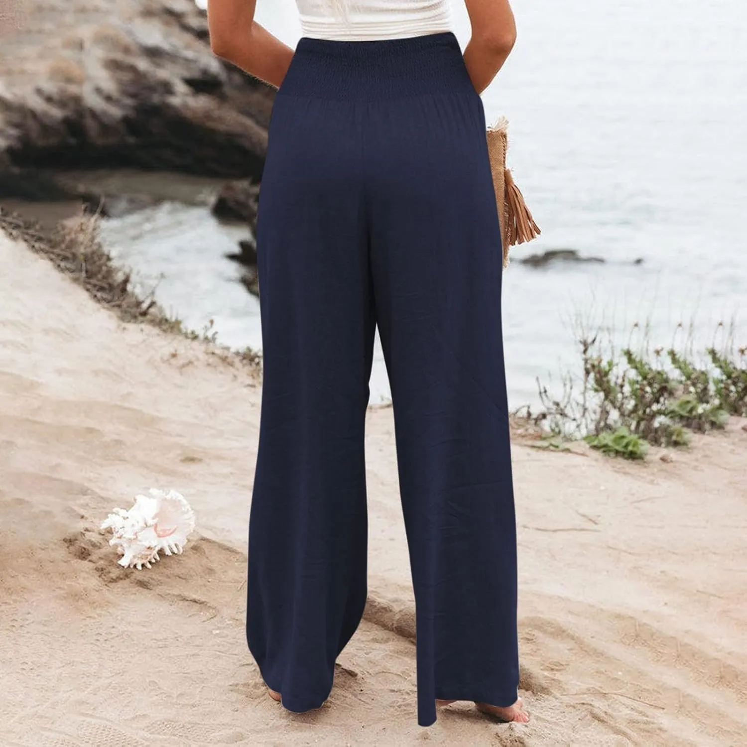 Linen Pants for Women Wide Leg High Waisted Palazzo 2024 Summer Beach Boho Smocked Trousers Lounge with Pockets