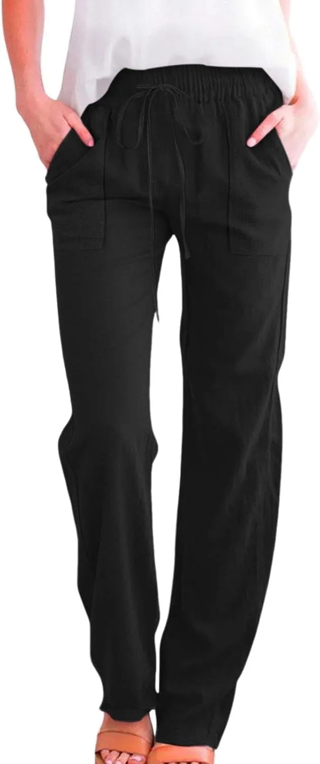 Linen Pants Women 2025 Summer Drawstring Pants Casual Loose Wide Leg Lounge Pants Trousers for Beach Travel Vacation