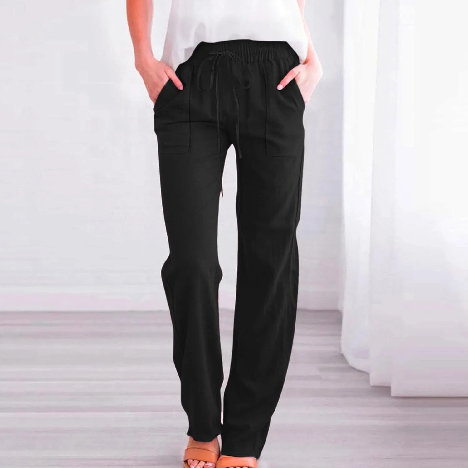 Linen Pants Women 2025 Summer Drawstring Pants Casual Loose Wide Leg Lounge Pants Trousers for Beach Travel Vacation