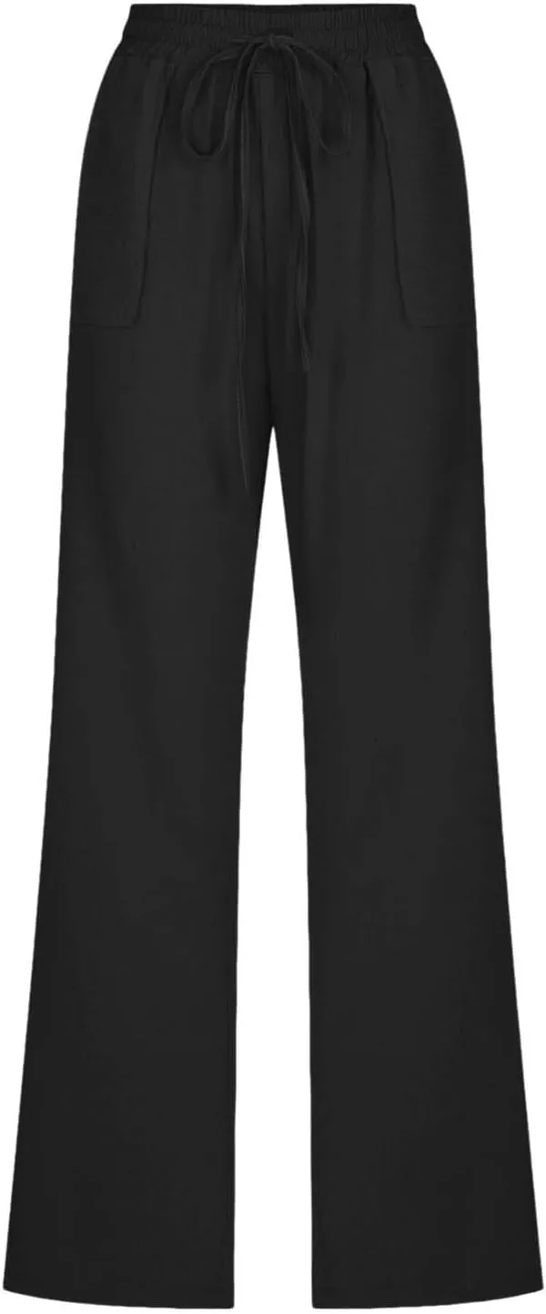Linen Pants Women 2025 Summer Drawstring Pants Casual Loose Wide Leg Lounge Pants Trousers for Beach Travel Vacation