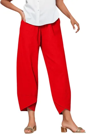 Linen Pants Women Casual Summer Capris Lightweight Cropped Pant Baggy Palazzo Pants Soft Wide Leg Trousers Pants with Pockets, 4X-Large, #A4-red