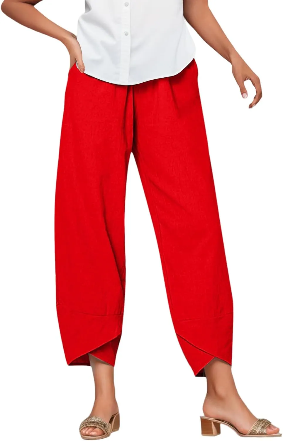 Linen Pants Women Casual Summer Capris Lightweight Cropped Pant Baggy Palazzo Pants Soft Wide Leg Trousers Pants with Pockets, 4X-Large, #A4-red