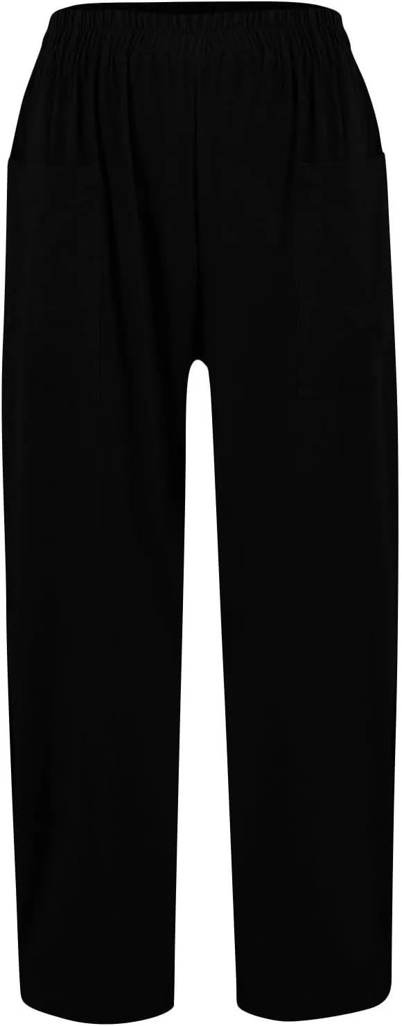 Linen Pants Women Casual Summer Wide Leg Pants High Waisted Trousers Lightweight Palazzo Pant with Pockets (S-2Xl)